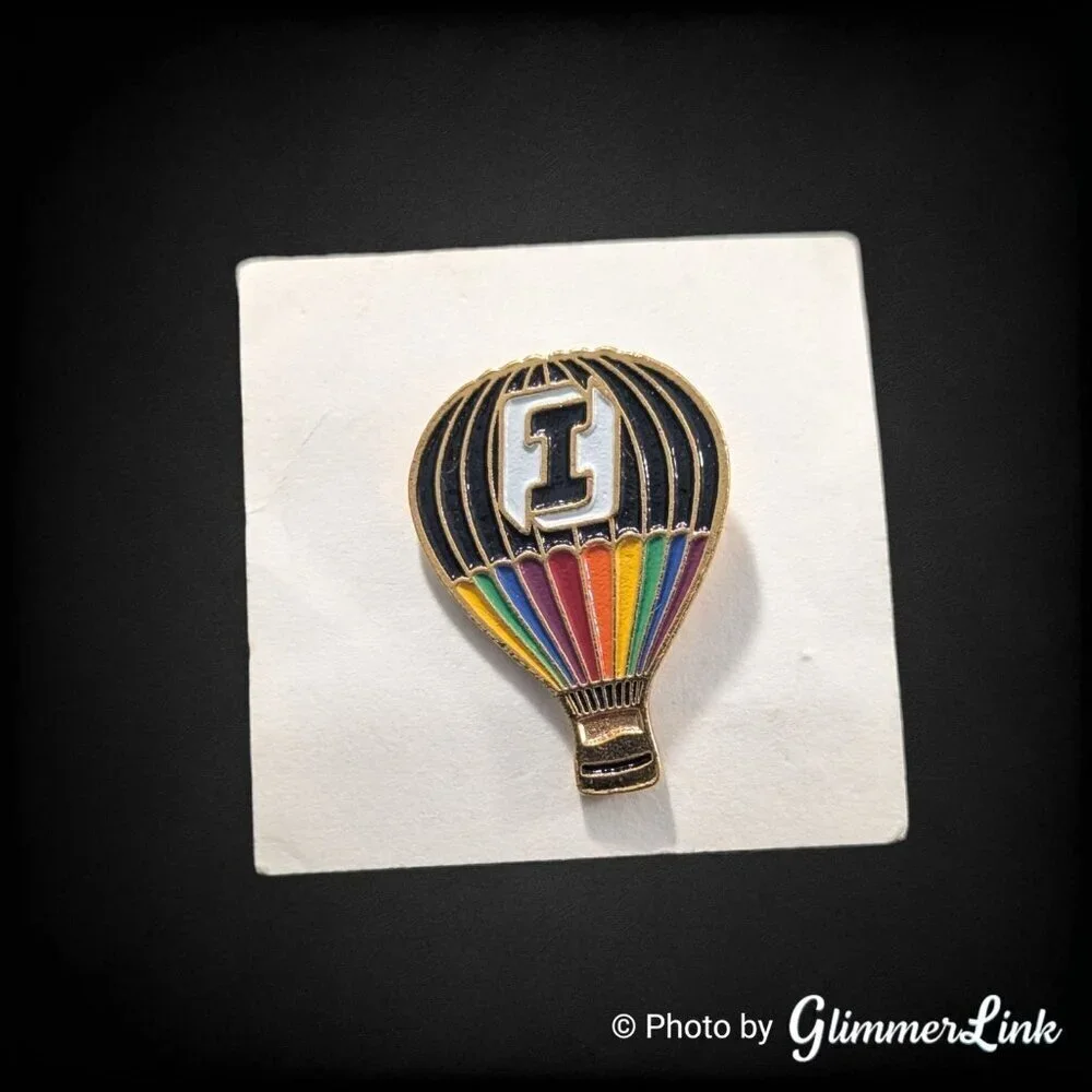 Vintage Hot Air Balloon Enamel Lapel Pin Rainbow Stripes “I” Initial Pin